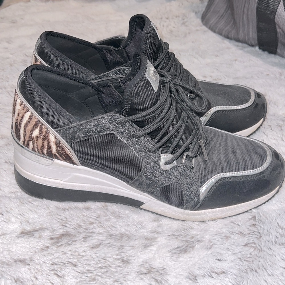 Michael Kors Black Animal Printed Wedge Sneakers